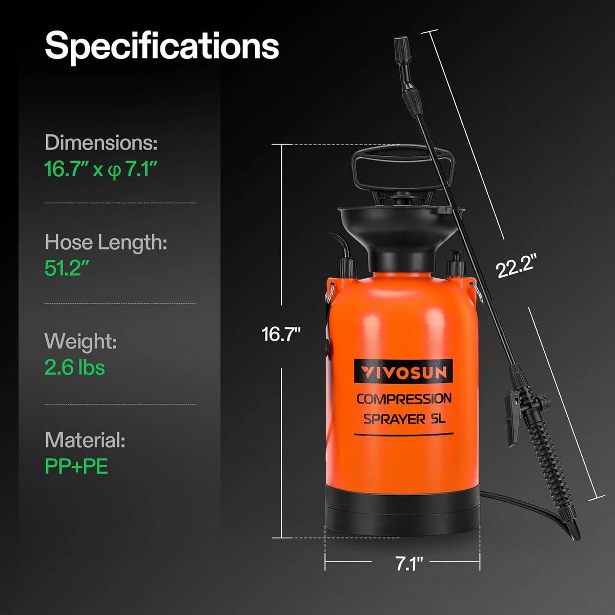 Specifications graphic for a VIVOSUN 5L compression sprayer pump. The image shows the orange and black sprayer with dimension lines indicating 16.