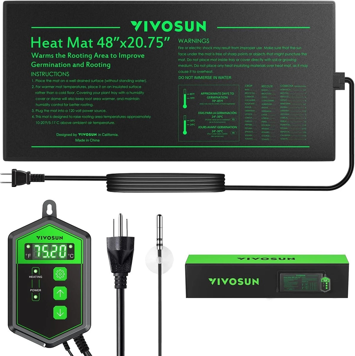 VIVOSUN heat mat and controller with digital thermostat display on a white background