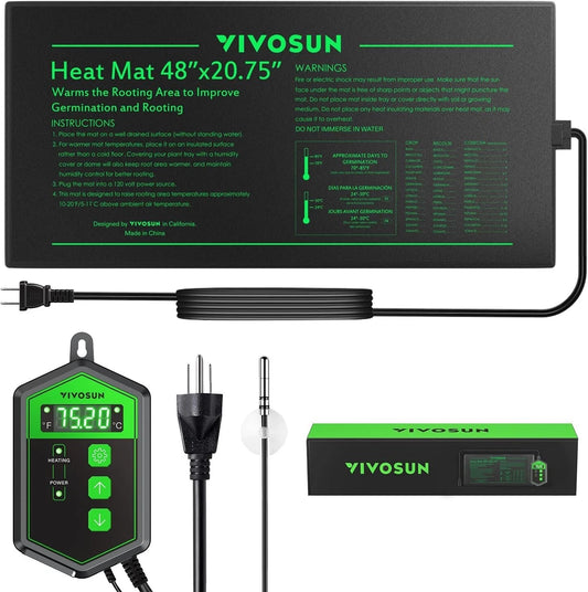 VIVOSUN heat mat and controller with digital thermostat display on a white background