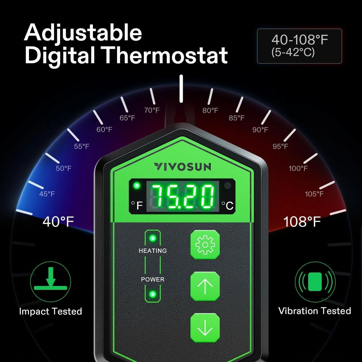 VIVIOSUN adjustable digital thermostat with temperature display and control buttons on a black background.
