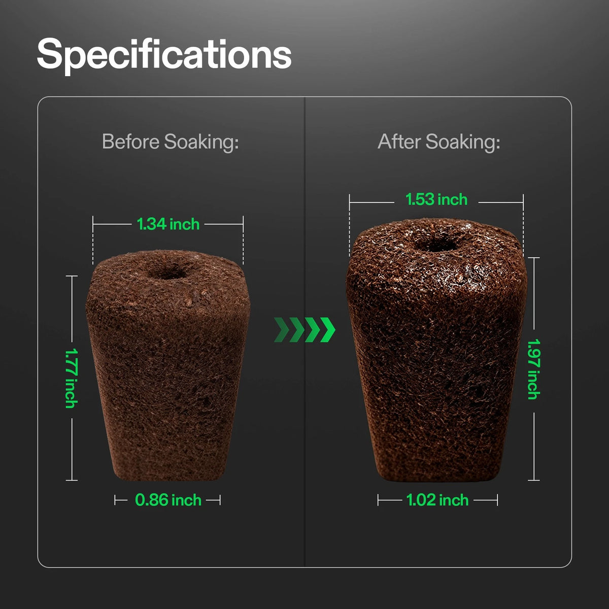 Specification comparison graphic showing a brown porous seed starter plug before and after soaking, with dimensions labeled in green on a dark gray background under the heading 'Specifications'.
