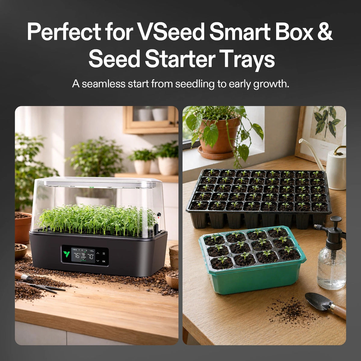 Promotional graphic for a smart seed starter plugs, showing a black electronic tray cover with green sprouts under a clear dome on a wooden counter, alongside seed starter trays and gardening tools in a home garden setting. Text at the top reads: 'Perfect for VSeed Smart Box & Seed Starter Trays'.