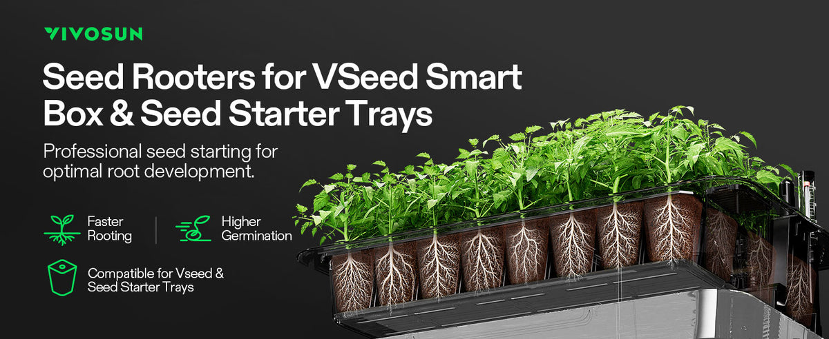 Vivosun seed starter plugs for VSeed Smart Box and Seed Starter Trays, shown with several green seedlings growing in a black tray against a dark background with product features listed on the left.