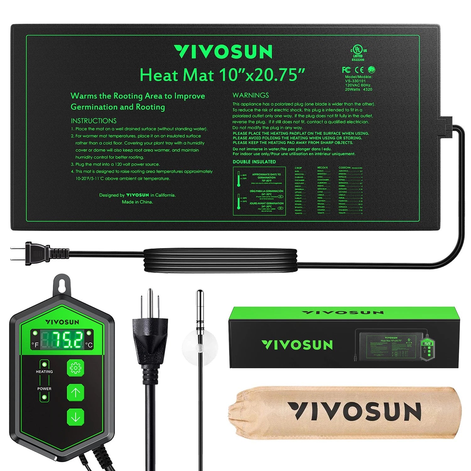 VIVOSUN heat mat and related equipment with digital thermostat temperature controller and packaging on a white background