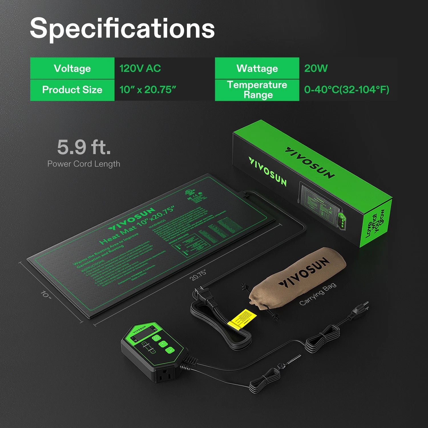 VIVOSUN seed germination heat mat and thermostat set with specifications on a dark background