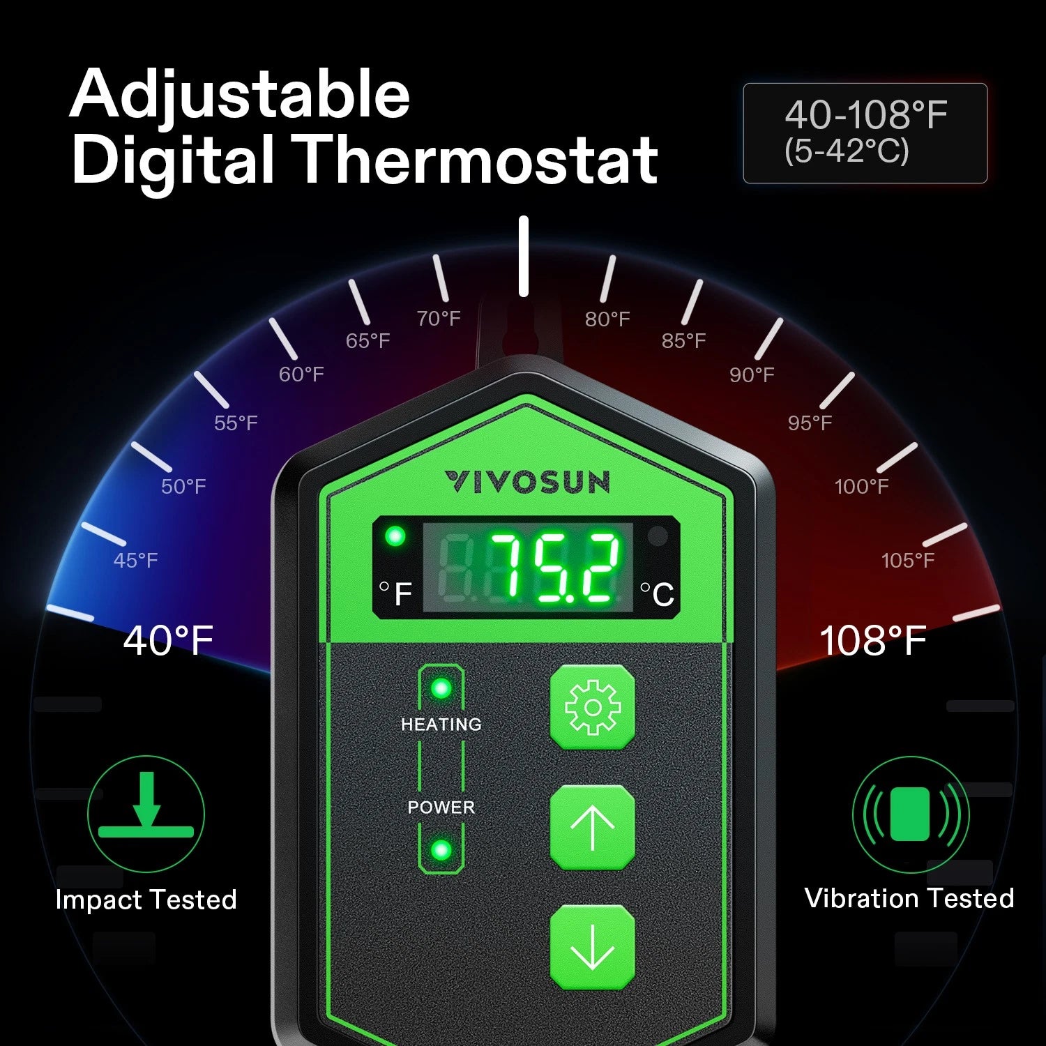 VIVOSUN adjustable digital thermostat with temperature display and control buttons on a black background.