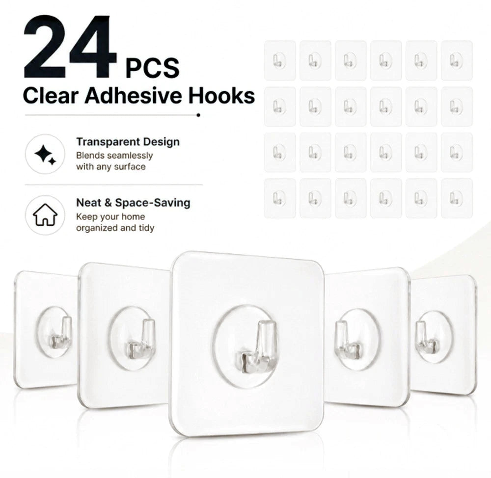 A set of 24 clear adhesive wall hooks displayed on a white background with promotional text highlighting transparent design and space-saving utility.