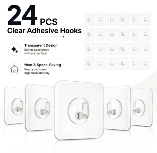 A set of 24 clear adhesive wall hooks displayed on a white background with promotional text highlighting transparent design and space-saving utility.