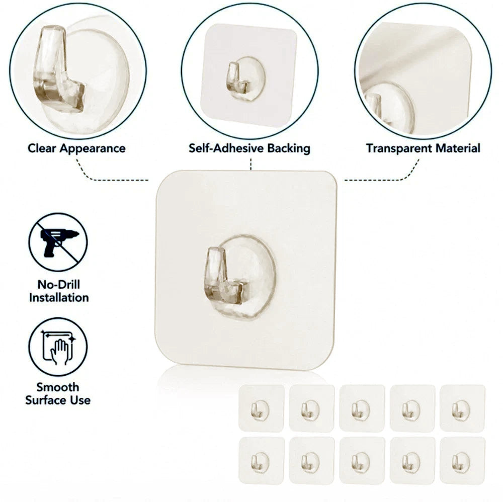Clear acrylic wall hook with self-adhesive backing, shown with feature callouts including clear appearance, self-adhesive backing, transparent material, no-drill installation, and smooth surface use, plus a set of ten hooks on a white background.