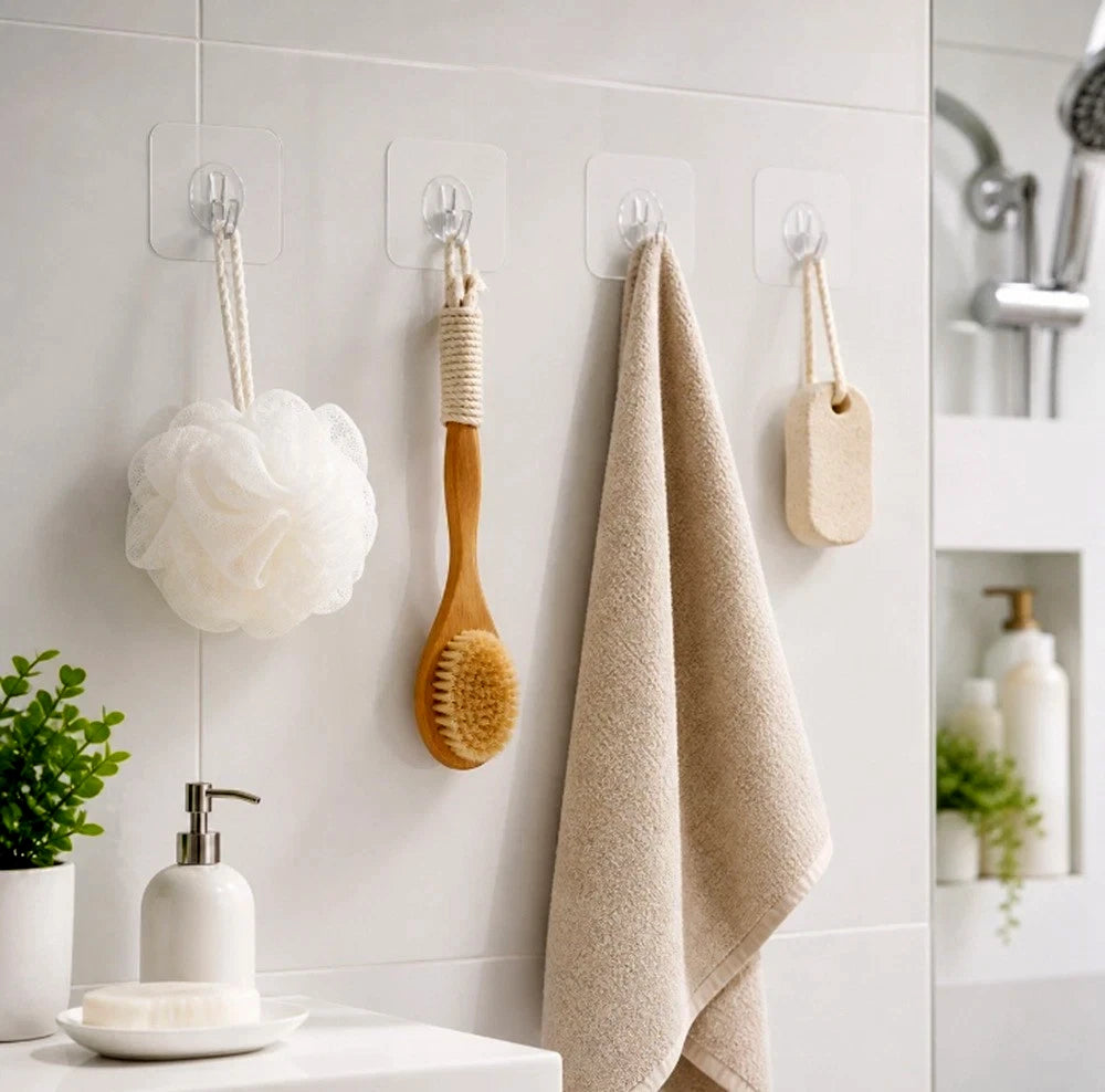 Clear adhesive wall hooks hanging in a bathroom setting, with a white loofah, wooden scrub brush, beige towel, and small wooden soap dish displayed on a white tiled wall.