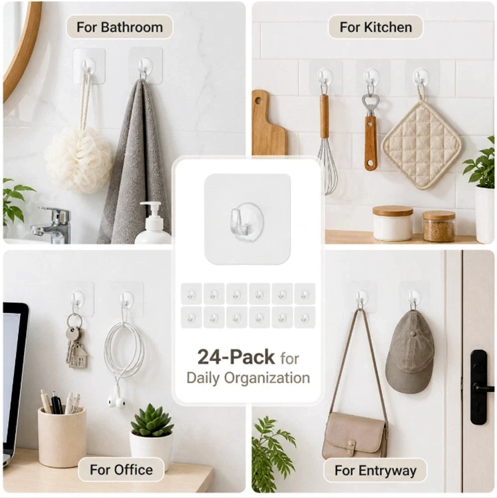 A 24-pack of clear, adhesive wall-mounted hook organizers shown in a four-panel lifestyle collage for bathroom, kitchen, office, and entryway organization, with a central product pack shot.