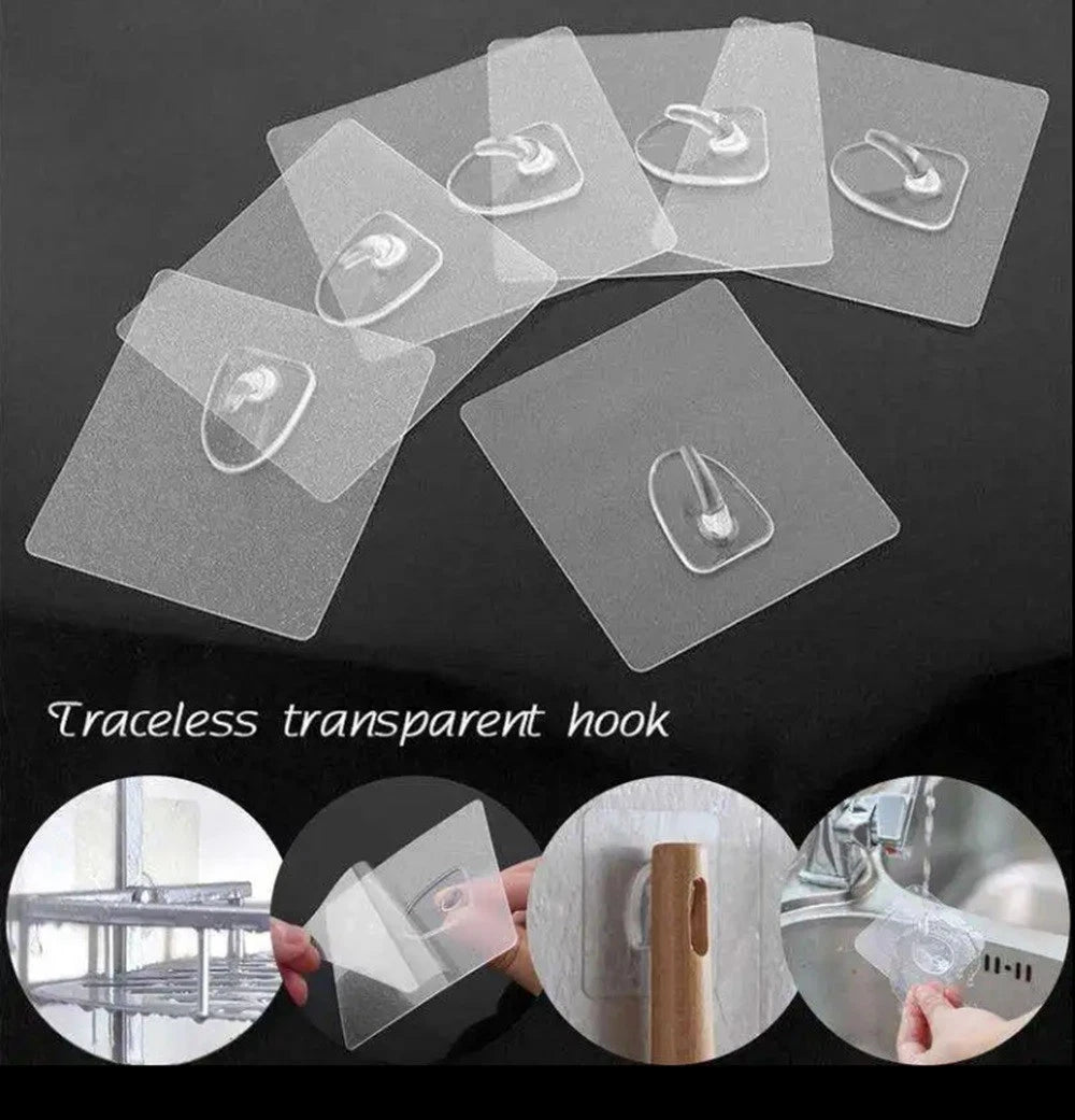 Six transparent adhesive hook panels arranged on a dark background, with the text 'Traceless transparent hook' and four circular inset photos showing the hooks installed in real-life settings like a shelf, wall, and sink.