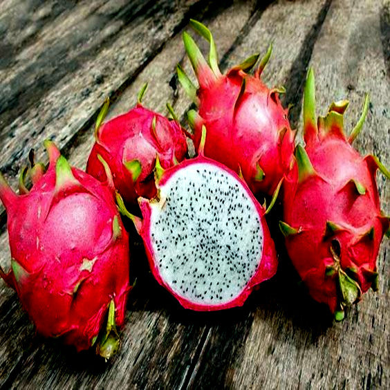 White Dragon fruit lying on wood table with white flesh and black seeds. 