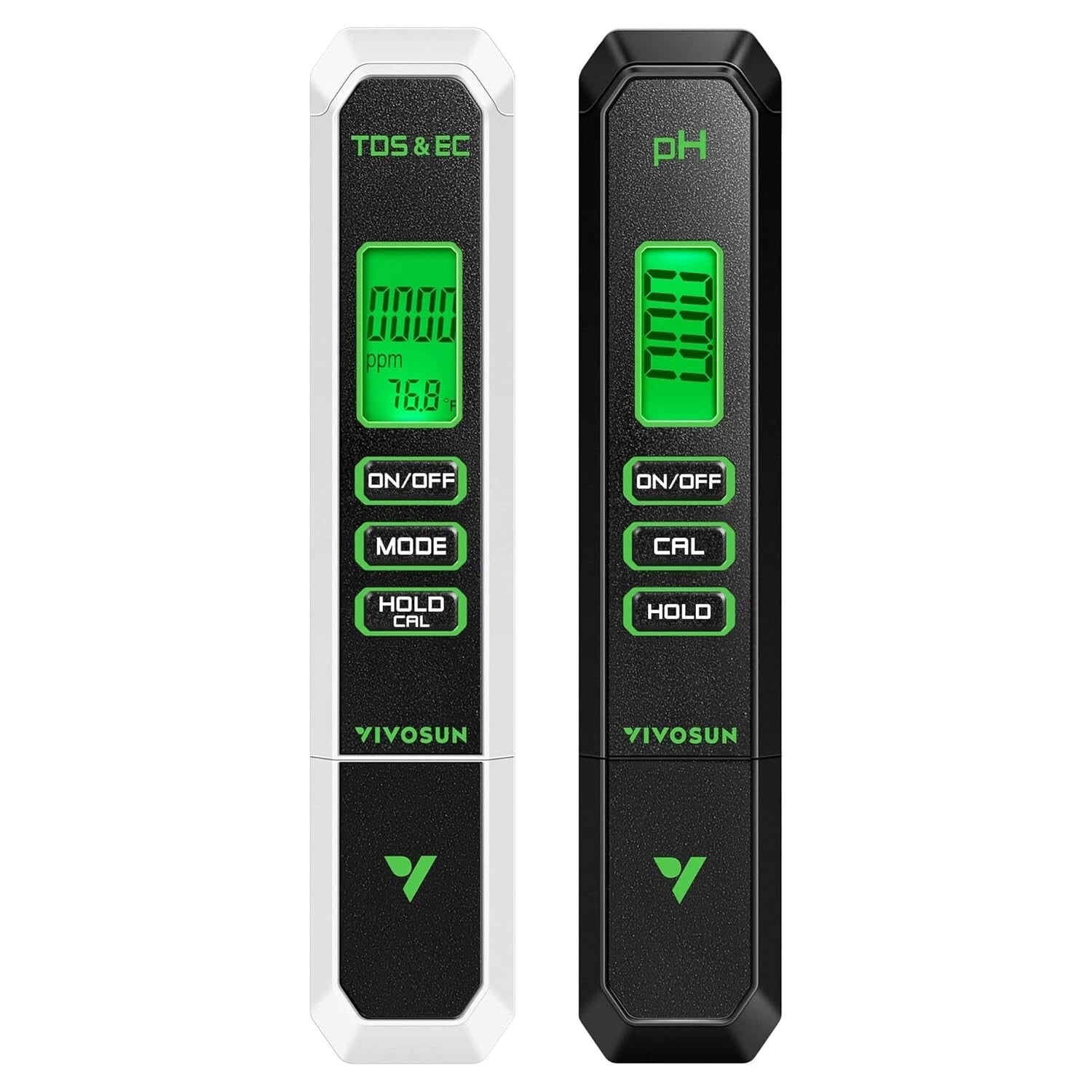 Two digital pH and EC testers by VIVOSUN on a white background