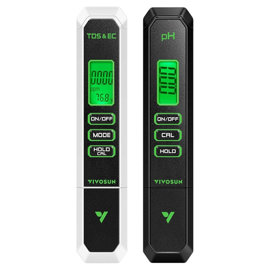 Two digital pH and EC testers by VIVOSUN on a white background
