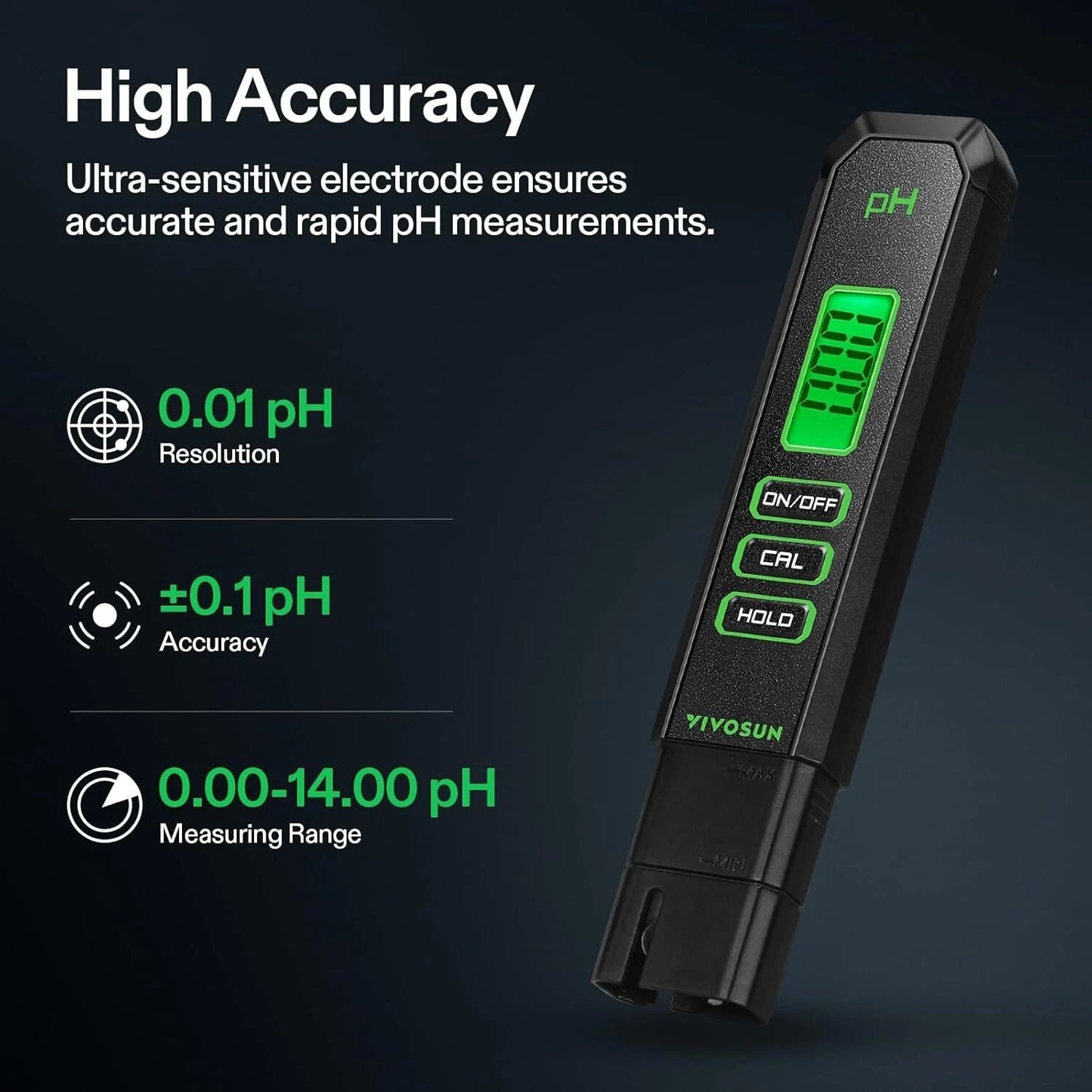 A black VIVOSUN digital pH meter with a green backlit display, shown on a dark blue background with promotional text highlighting high accuracy, 0.01 pH resolution, and a measuring range of 0.