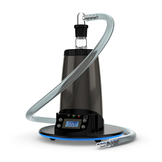 Black Arizer Extreme Q vaporizer with hose on a white background